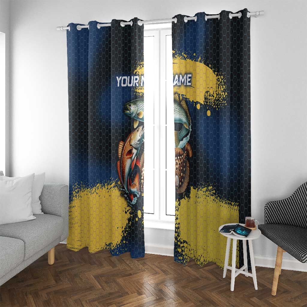 Custom Camo Redfish Window Curtain with Colorful Fish Design, Yellow Splatter Pattern - Wonder Print Shop