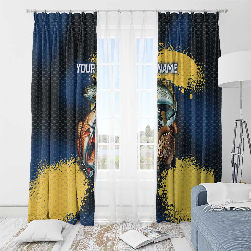 Custom Camo Redfish Window Curtain with Colorful Fish Design, Yellow Splatter Pattern - Wonder Print Shop