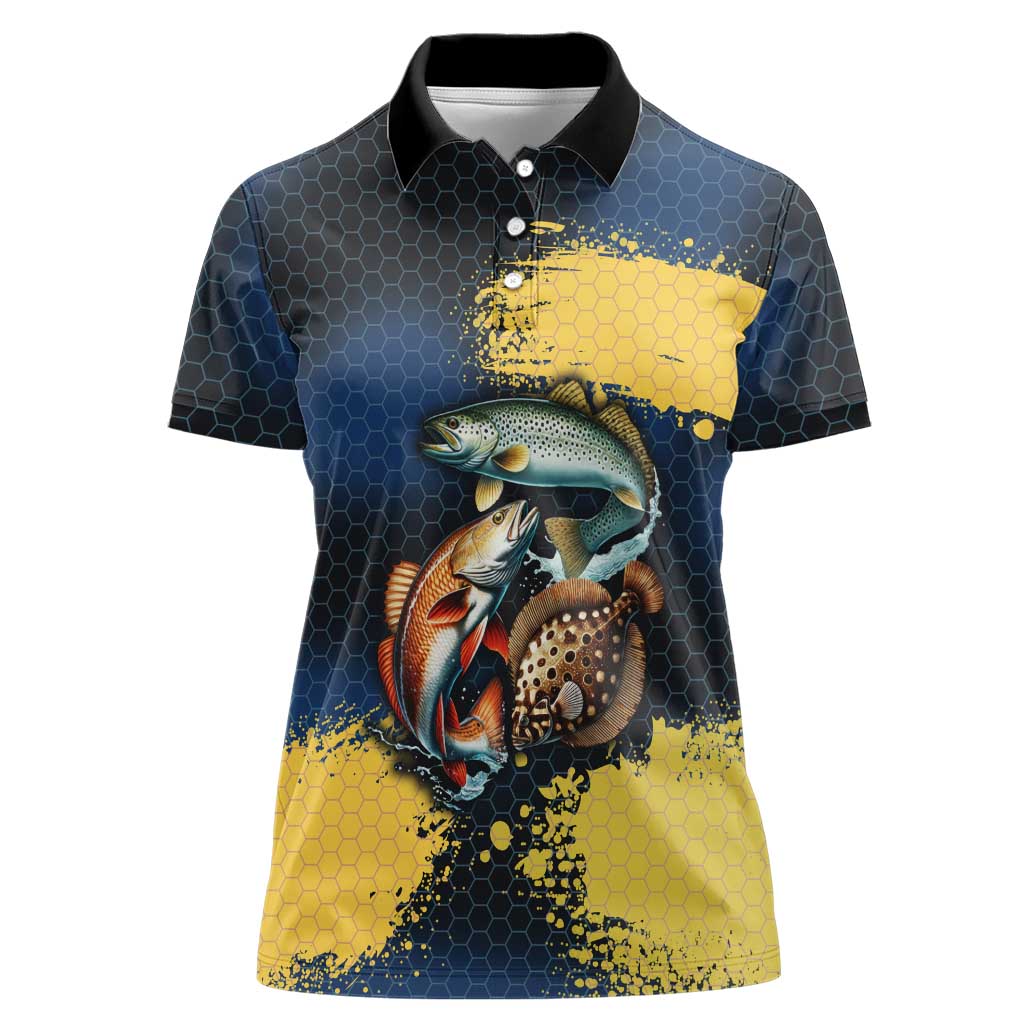 Custom Camo Redfish Women Polo Shirt with Colorful Fish Design, Yellow Splatter Pattern - Wonder Print Shop
