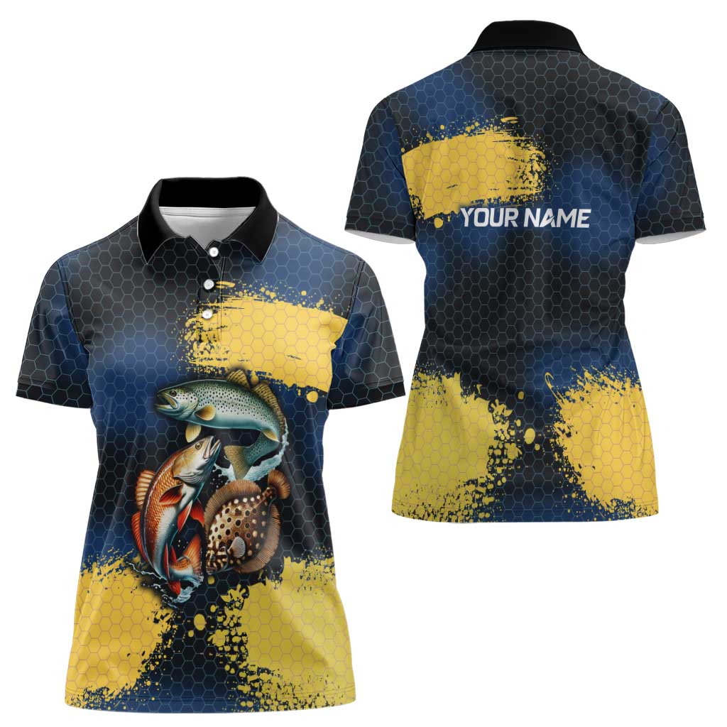 Custom Camo Redfish Women Polo Shirt with Colorful Fish Design, Yellow Splatter Pattern - Wonder Print Shop