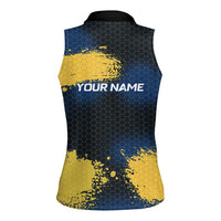 Custom Camo Redfish Women Sleeveless Polo Shirt with Colorful Fish Design, Yellow Splatter Pattern - Wonder Print Shop