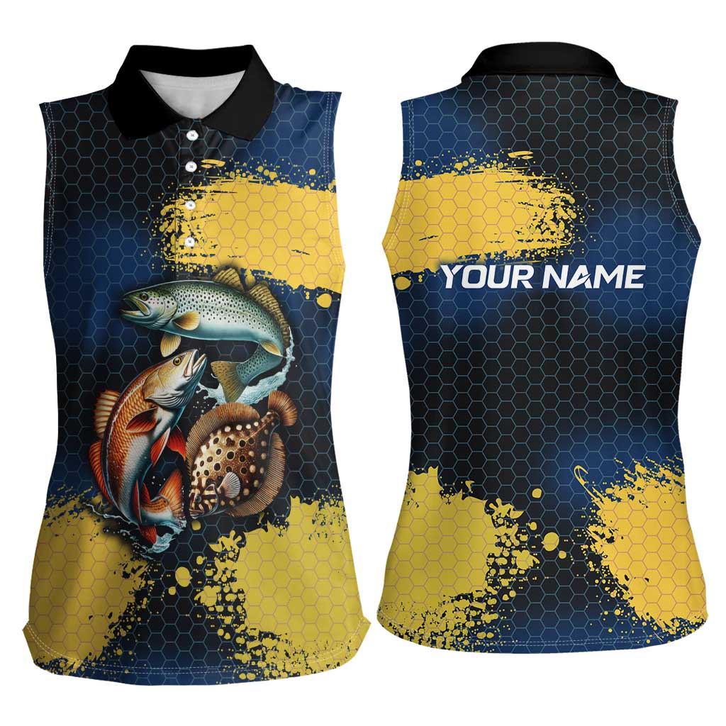 Custom Camo Redfish Women Sleeveless Polo Shirt with Colorful Fish Design, Yellow Splatter Pattern - Wonder Print Shop