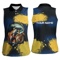Custom Camo Redfish Women Sleeveless Polo Shirt with Colorful Fish Design, Yellow Splatter Pattern - Wonder Print Shop