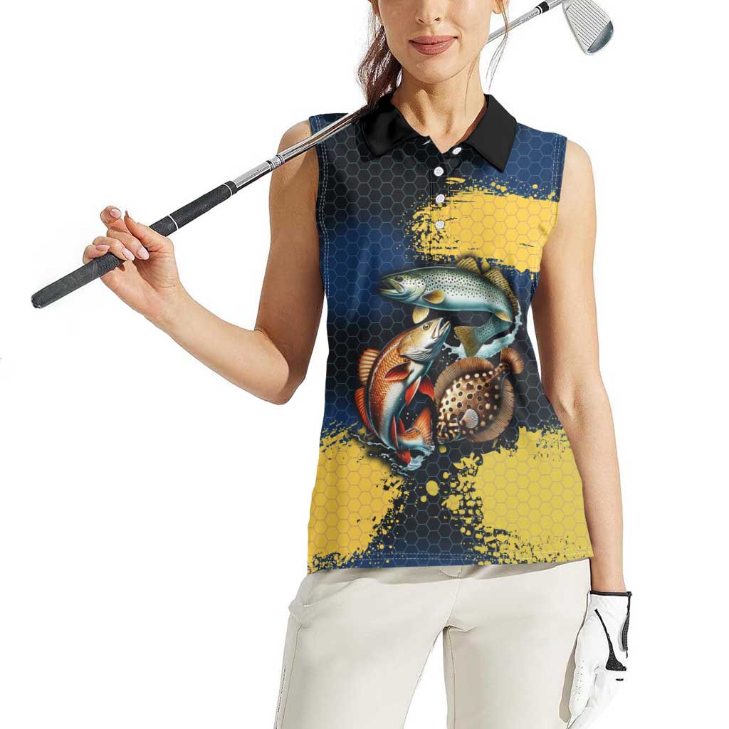 Custom Camo Redfish Women Sleeveless Polo Shirt with Colorful Fish Design, Yellow Splatter Pattern - Wonder Print Shop