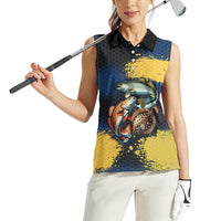 Custom Camo Redfish Women Sleeveless Polo Shirt with Colorful Fish Design, Yellow Splatter Pattern - Wonder Print Shop