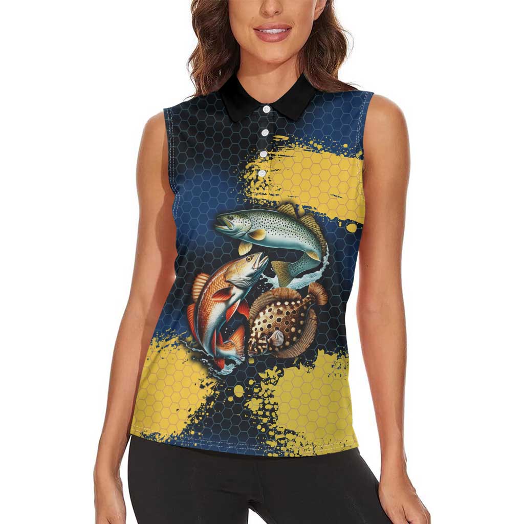 Custom Camo Redfish Women Sleeveless Polo Shirt with Colorful Fish Design, Yellow Splatter Pattern - Wonder Print Shop