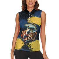Custom Camo Redfish Women Sleeveless Polo Shirt with Colorful Fish Design, Yellow Splatter Pattern - Wonder Print Shop