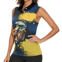 Custom Camo Redfish Women Sleeveless Polo Shirt with Colorful Fish Design, Yellow Splatter Pattern - Wonder Print Shop