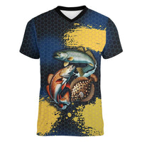 Custom Camo Redfish Women V-Neck T-Shirt with Colorful Fish Design, Yellow Splatter Pattern - Wonder Print Shop
