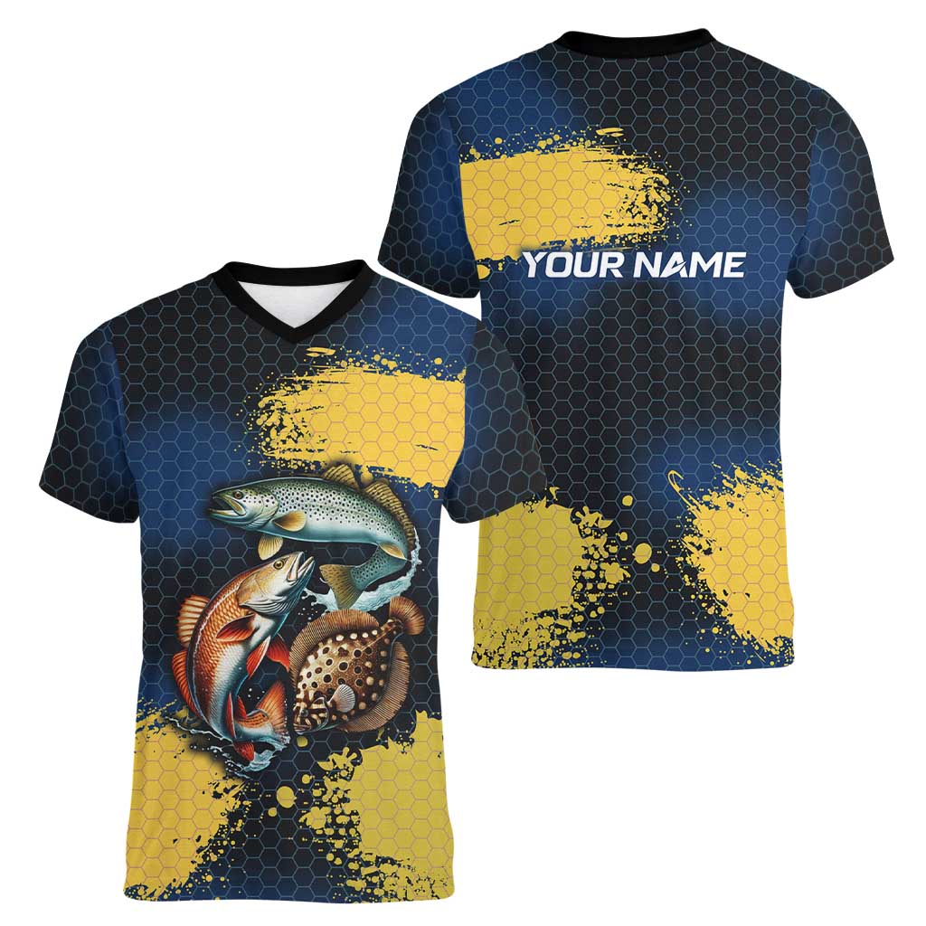 Custom Camo Redfish Women V-Neck T-Shirt with Colorful Fish Design, Yellow Splatter Pattern - Wonder Print Shop