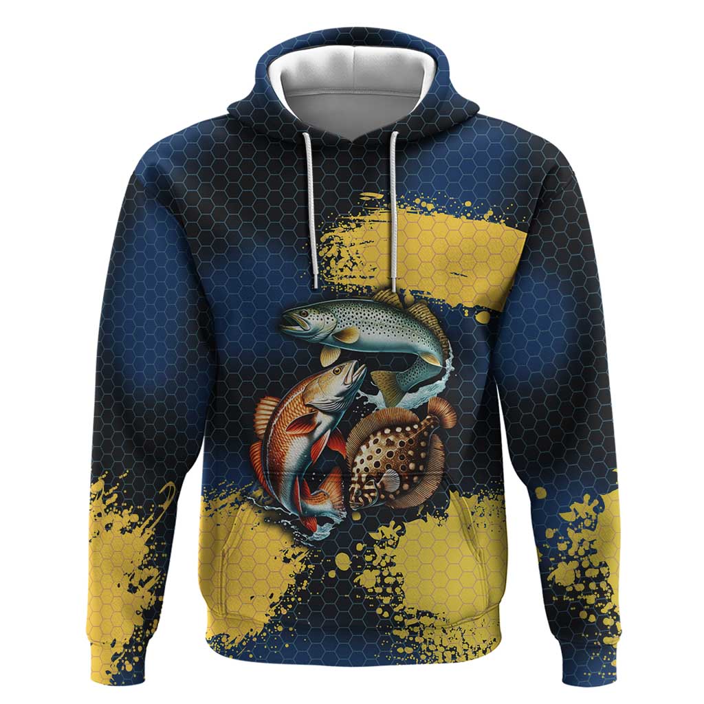 Custom Camo Redfish Zip Hoodie with Colorful Fish Design, Yellow Splatter Pattern - Wonder Print Shop