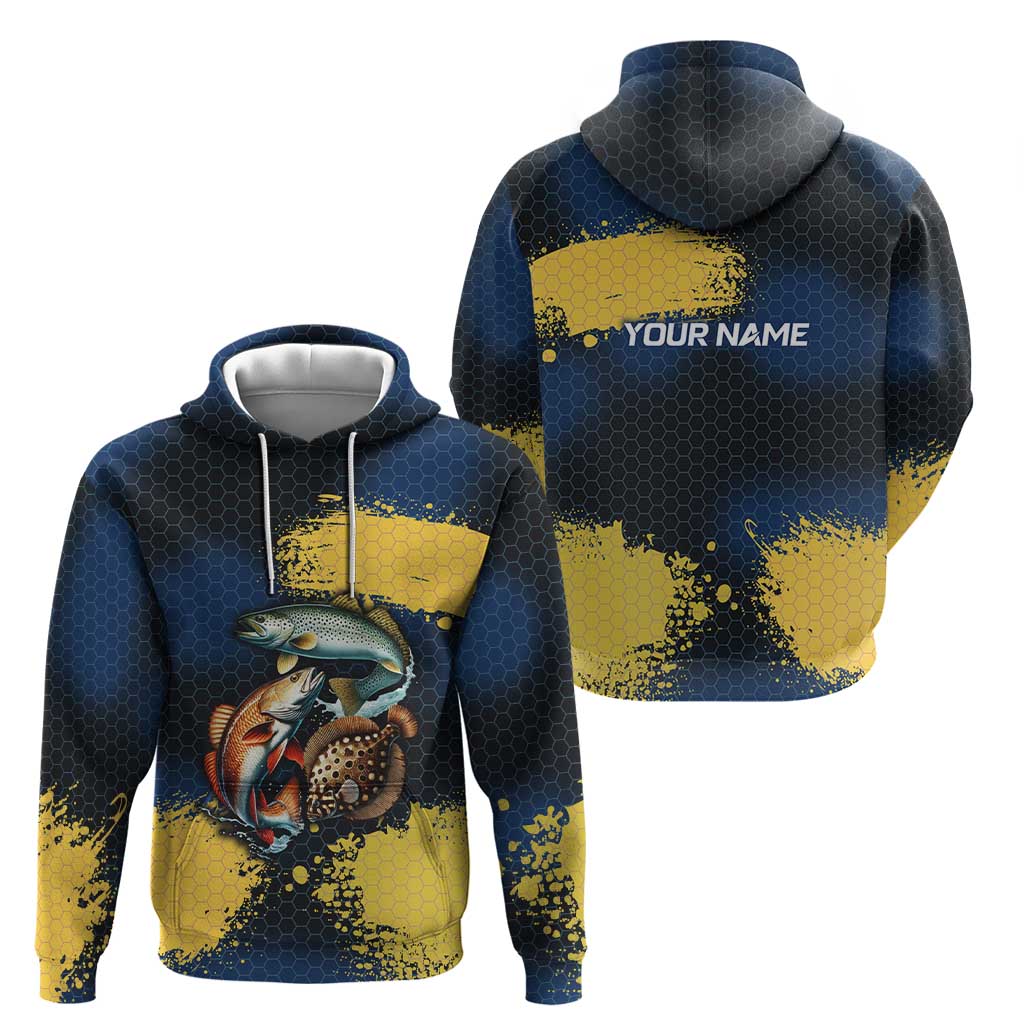 Custom Camo Redfish Zip Hoodie with Colorful Fish Design, Yellow Splatter Pattern - Wonder Print Shop