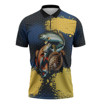 Custom Camo Redfish Zipper Polo Shirt with Colorful Fish Design, Yellow Splatter Pattern - Wonder Print Shop