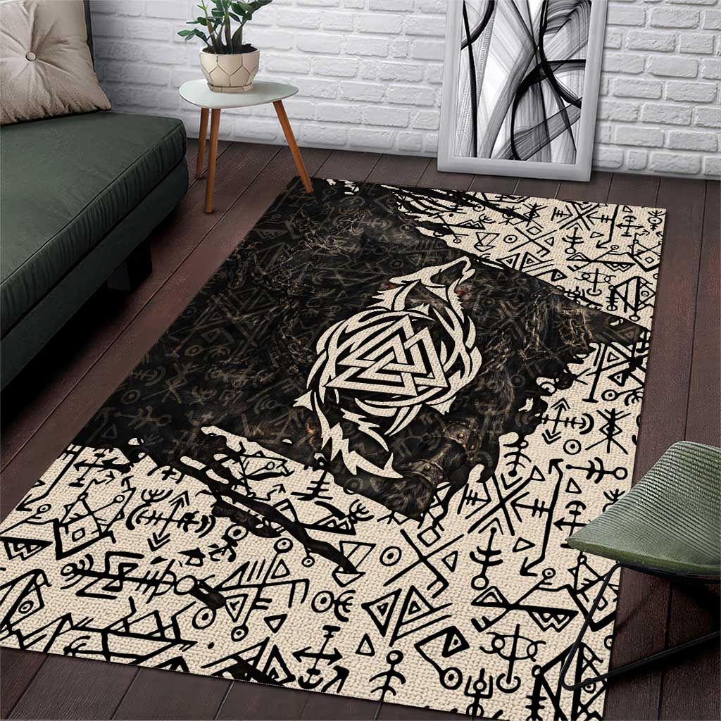 Fenrir Area Rug with Norse Symbols and Howling Wolf Viking Mythology Tribute - Wonder Print Shop