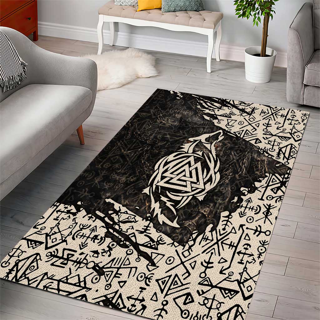 Fenrir Area Rug with Norse Symbols and Howling Wolf Viking Mythology Tribute - Wonder Print Shop
