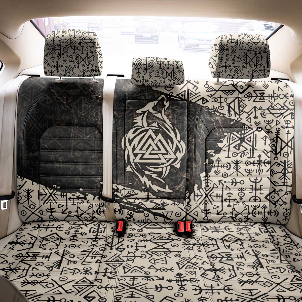 Fenrir Back Car Seat Cover with Norse Symbols and Howling Wolf Viking Mythology Tribute - Wonder Print Shop