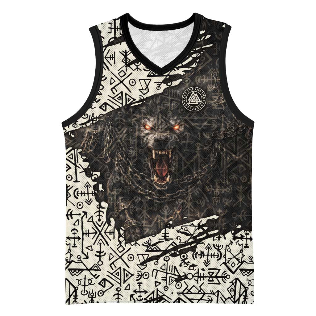 Fenrir Basketball Jersey with Norse Symbols and Howling Wolf Viking Mythology Tribute - Wonder Print Shop