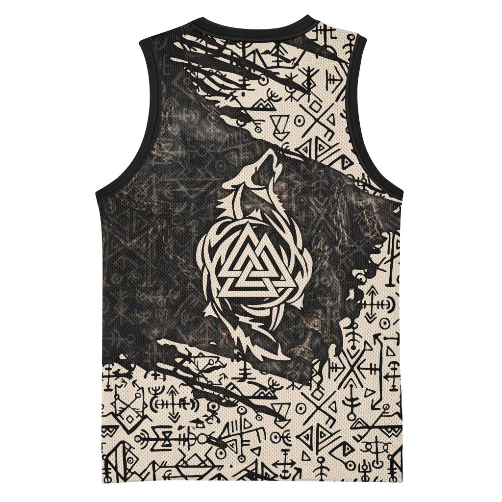 Fenrir Basketball Jersey with Norse Symbols and Howling Wolf Viking Mythology Tribute - Wonder Print Shop