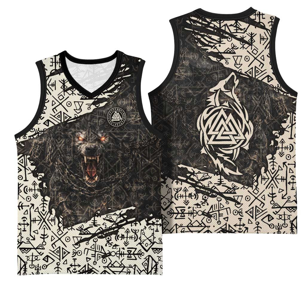 Fenrir Basketball Jersey with Norse Symbols and Howling Wolf Viking Mythology Tribute - Wonder Print Shop