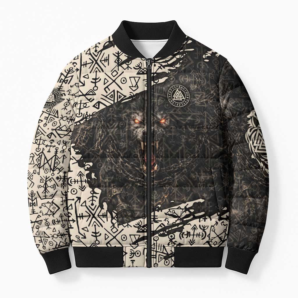 Fenrir Bomber Puffer Jacket with Norse Symbols and Howling Wolf Viking Mythology Tribute - Wonder Print Shop