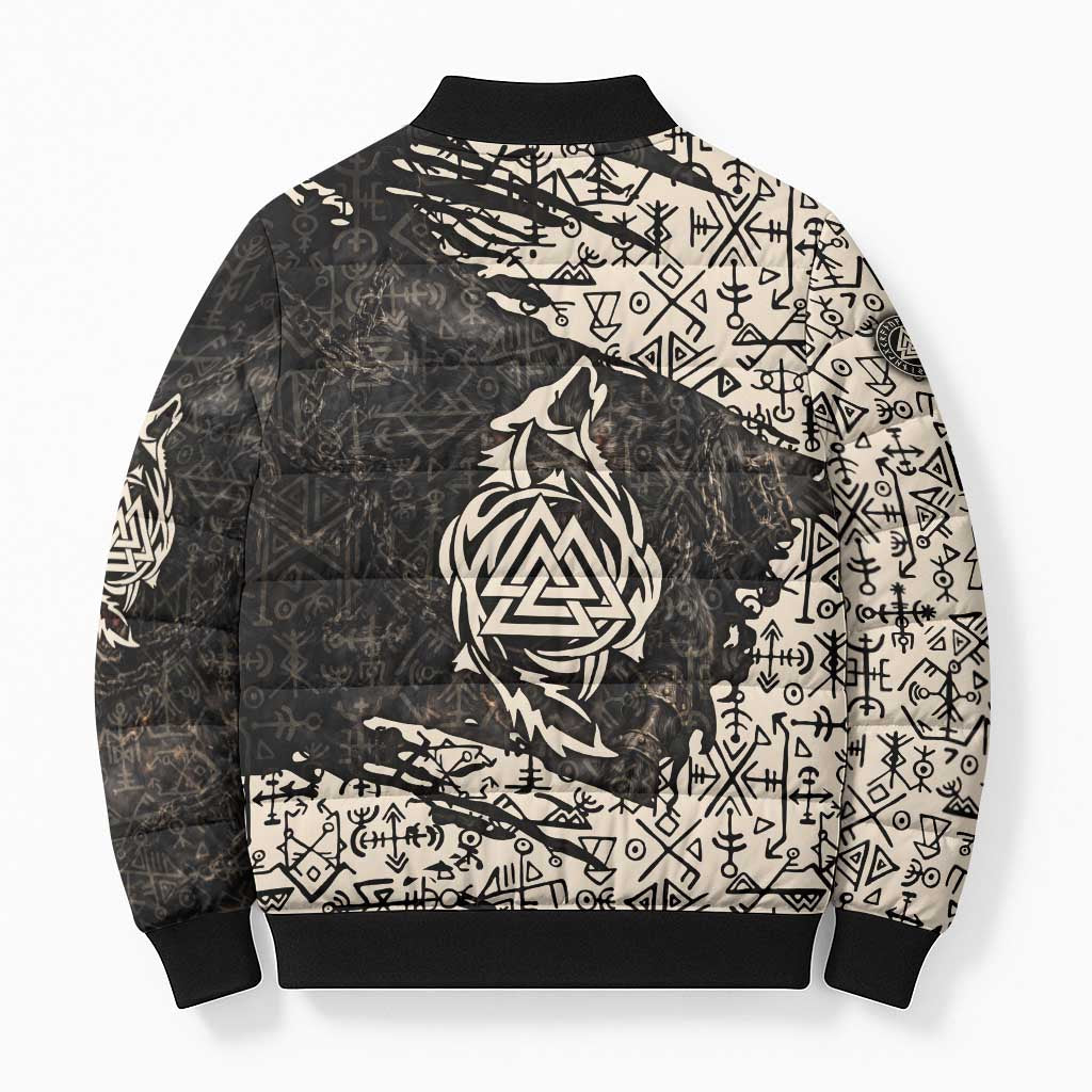 Fenrir Bomber Puffer Jacket with Norse Symbols and Howling Wolf Viking Mythology Tribute - Wonder Print Shop