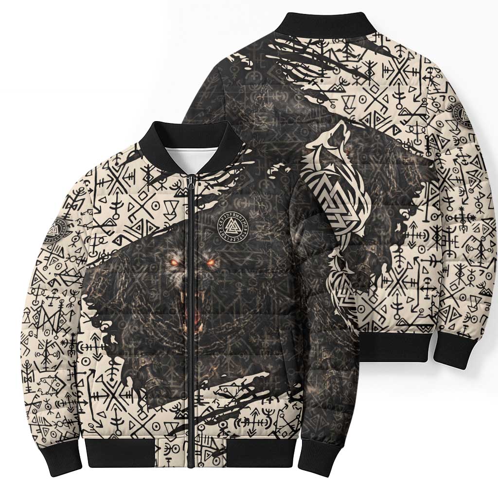 Fenrir Bomber Puffer Jacket with Norse Symbols and Howling Wolf Viking Mythology Tribute - Wonder Print Shop