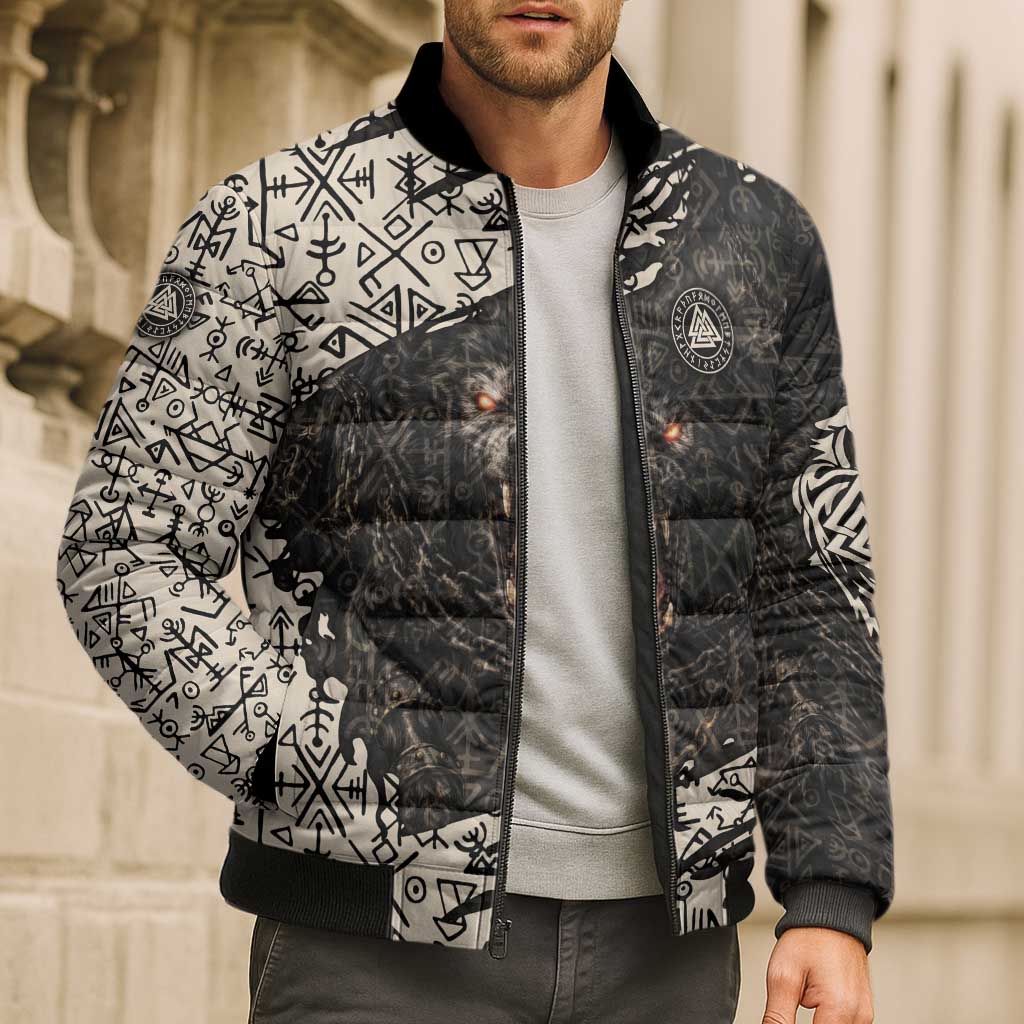 Fenrir Bomber Puffer Jacket with Norse Symbols and Howling Wolf Viking Mythology Tribute - Wonder Print Shop