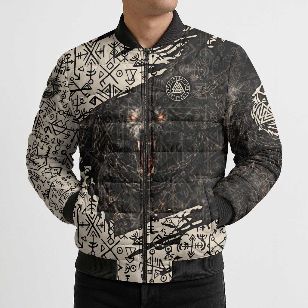 Fenrir Bomber Puffer Jacket with Norse Symbols and Howling Wolf Viking Mythology Tribute - Wonder Print Shop