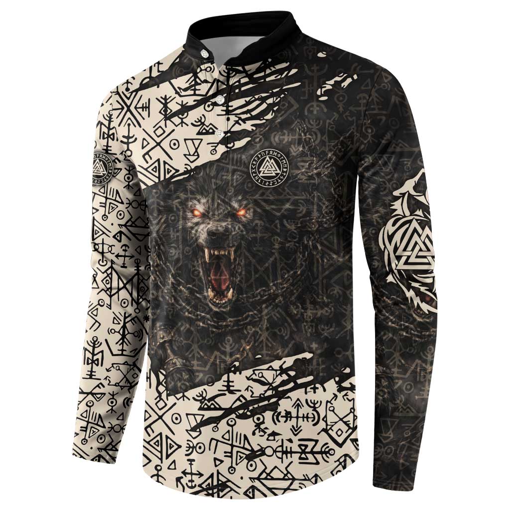 Fenrir Button Sweatshirt with Norse Symbols and Howling Wolf Viking Mythology Tribute - Wonder Print Shop