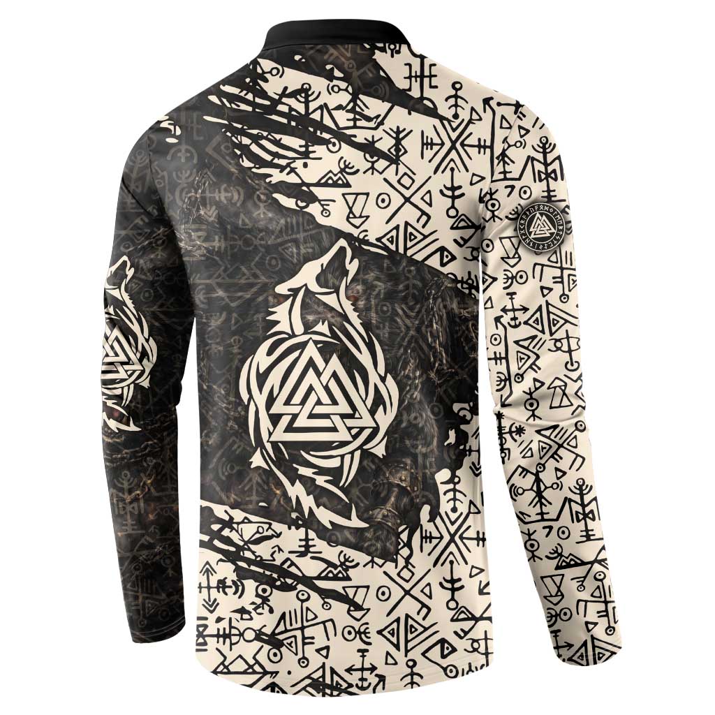 Fenrir Button Sweatshirt with Norse Symbols and Howling Wolf Viking Mythology Tribute - Wonder Print Shop