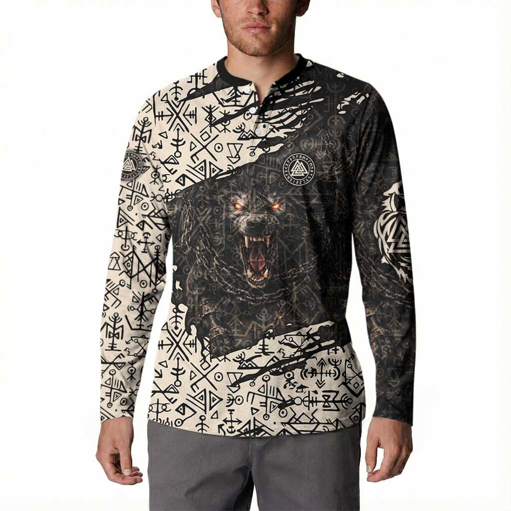 Fenrir Button Sweatshirt with Norse Symbols and Howling Wolf Viking Mythology Tribute - Wonder Print Shop
