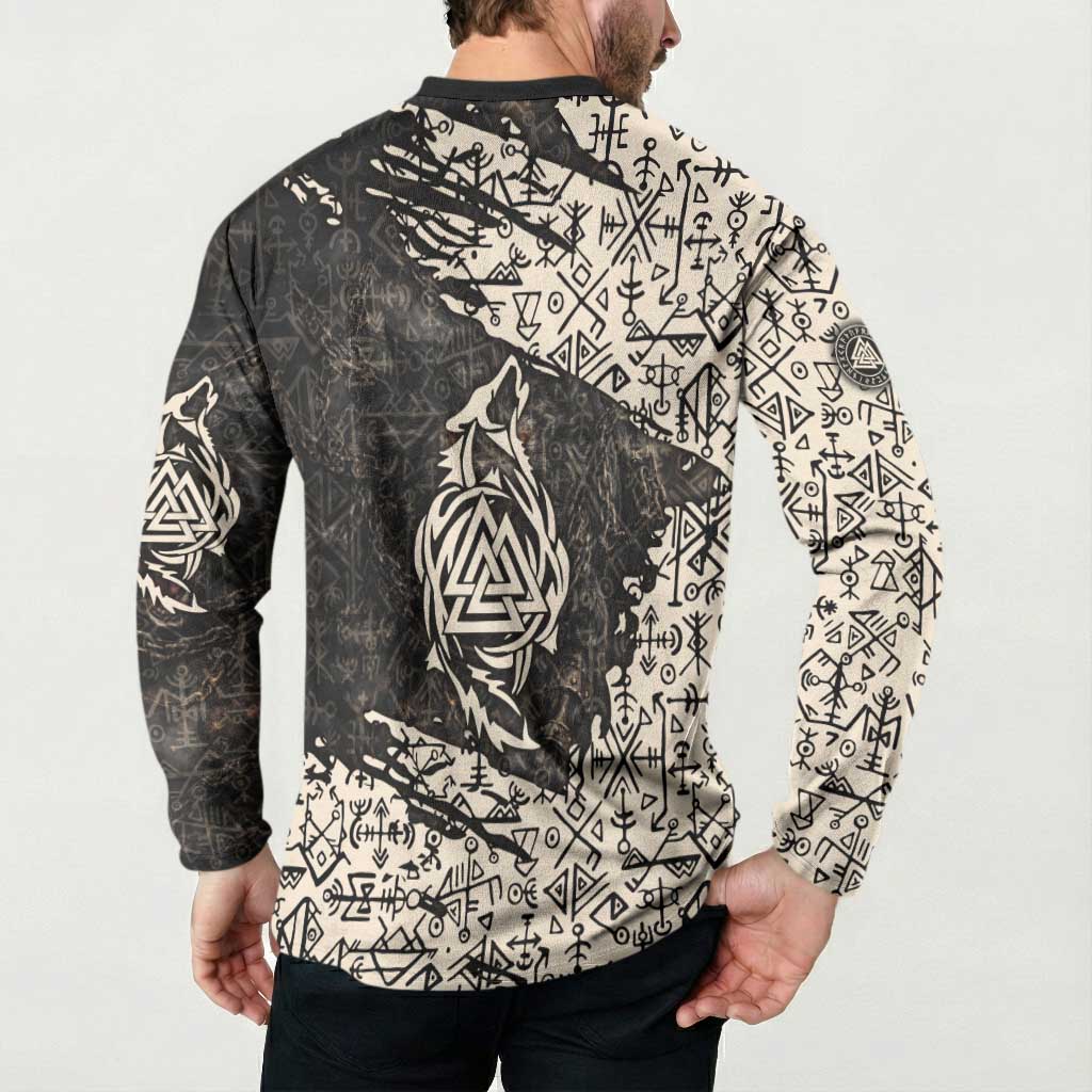 Fenrir Button Sweatshirt with Norse Symbols and Howling Wolf Viking Mythology Tribute - Wonder Print Shop