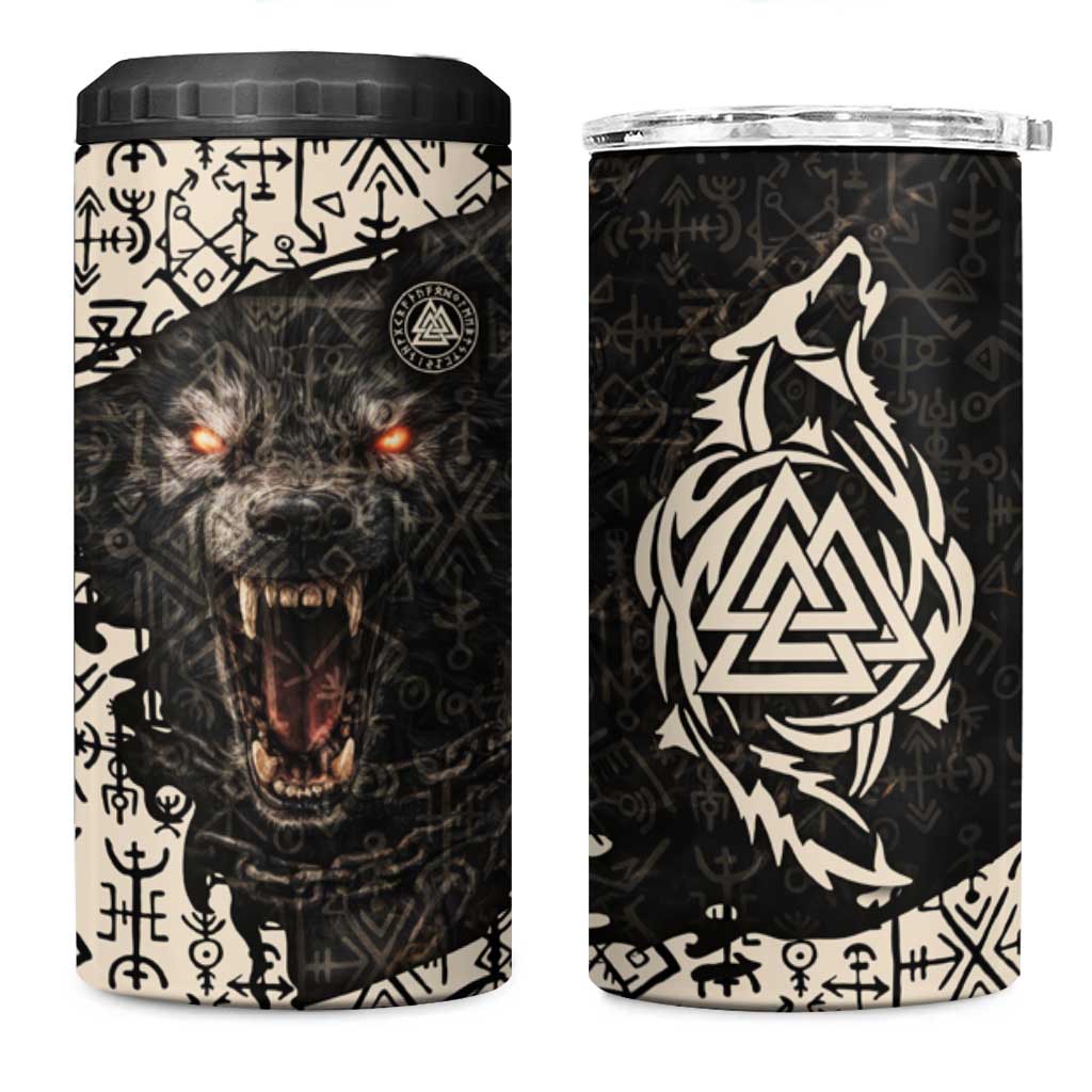 Fenrir 4 in 1 Can Cooler Tumbler with Norse Symbols and Howling Wolf Viking Mythology Tribute - Wonder Print Shop