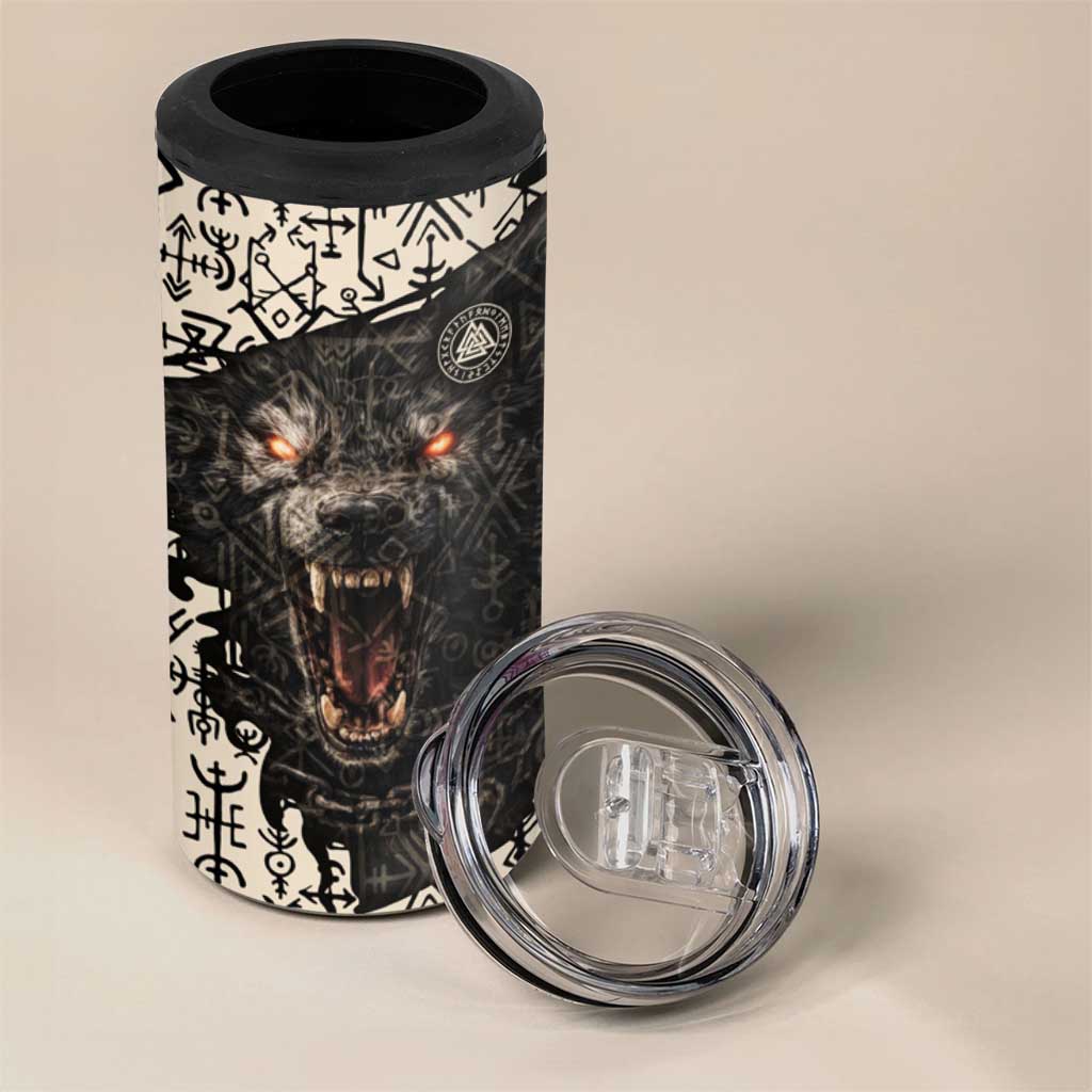 Fenrir 4 in 1 Can Cooler Tumbler with Norse Symbols and Howling Wolf Viking Mythology Tribute - Wonder Print Shop