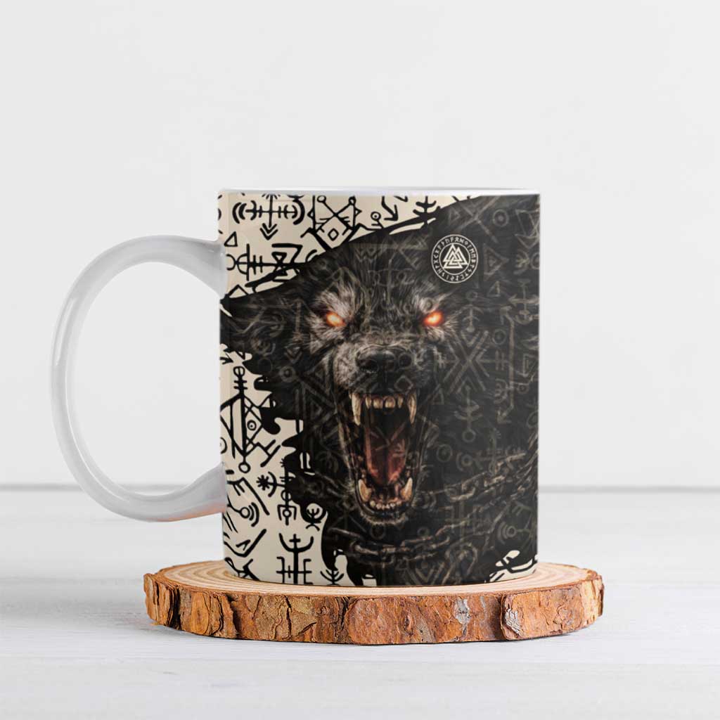 Fenrir Ceramic Mug with Norse Symbols and Howling Wolf Viking Mythology Tribute - Wonder Print Shop