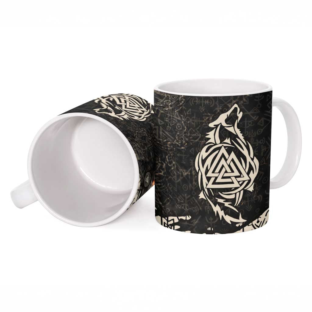 Fenrir Ceramic Mug with Norse Symbols and Howling Wolf Viking Mythology Tribute - Wonder Print Shop