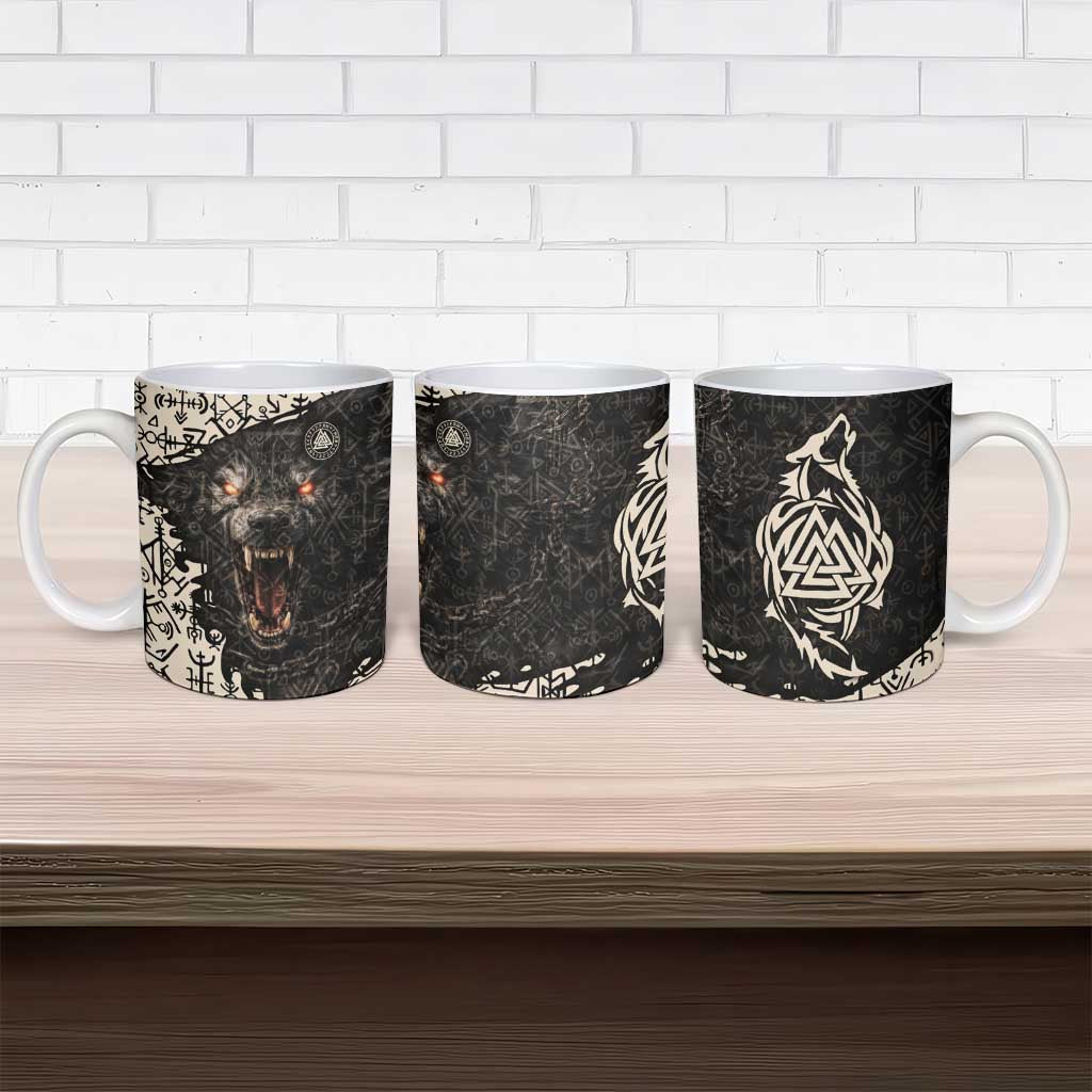 Fenrir Ceramic Mug with Norse Symbols and Howling Wolf Viking Mythology Tribute - Wonder Print Shop