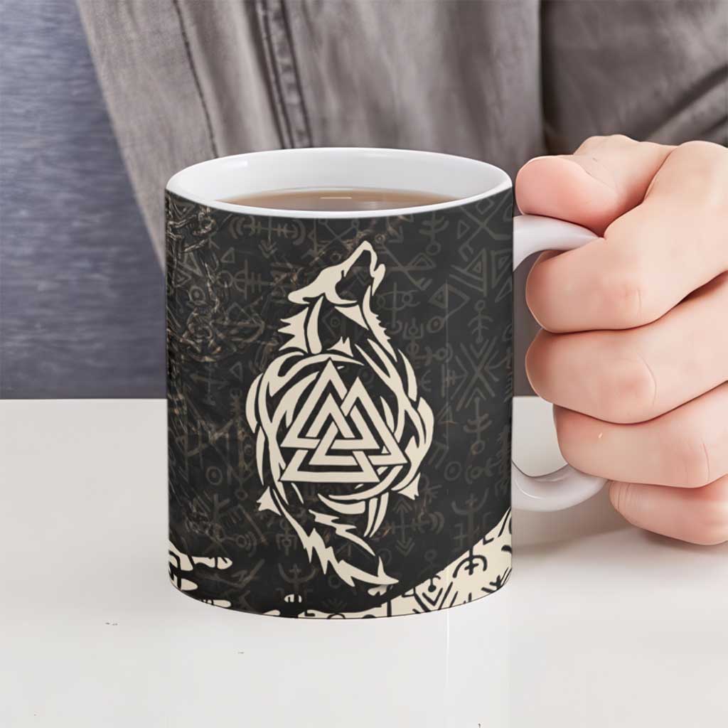 Fenrir Ceramic Mug with Norse Symbols and Howling Wolf Viking Mythology Tribute - Wonder Print Shop
