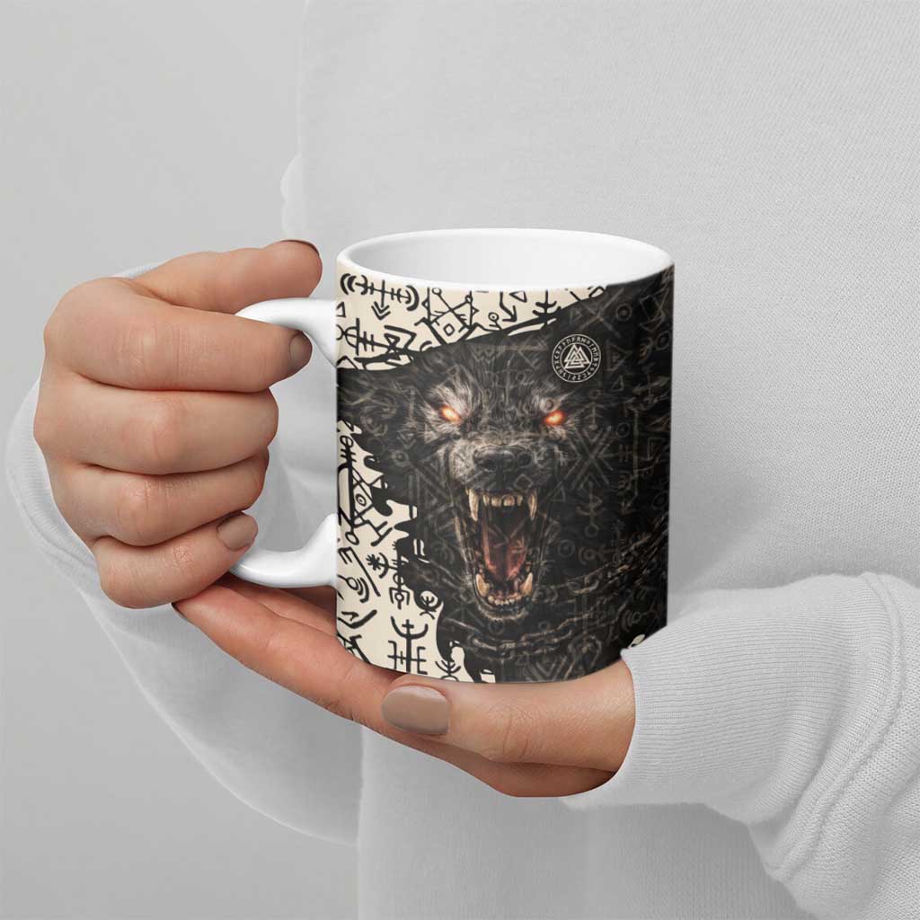 Fenrir Ceramic Mug with Norse Symbols and Howling Wolf Viking Mythology Tribute - Wonder Print Shop