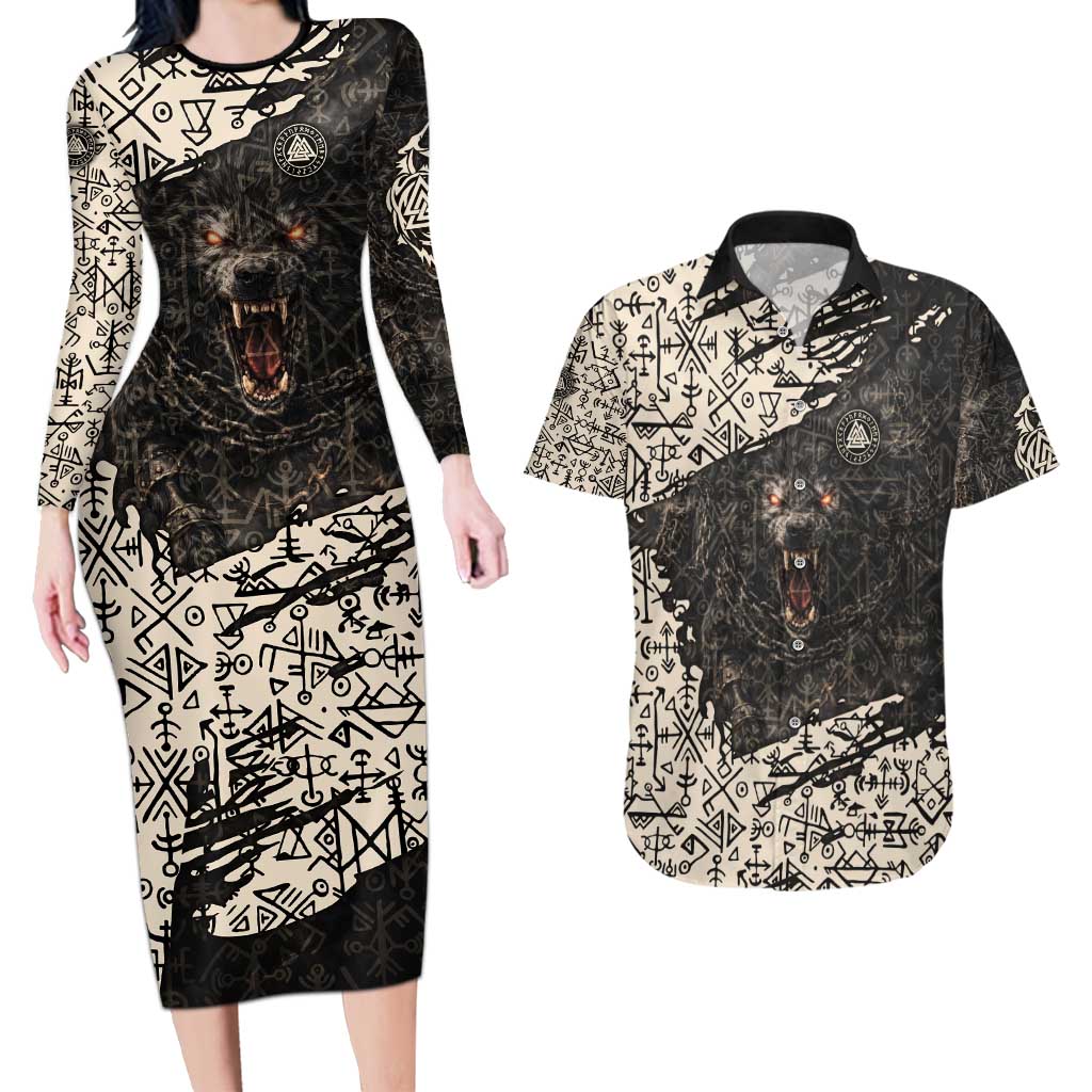 Fenrir Couples Matching Long Sleeve Bodycon Dress and Hawaiian Shirt with Norse Symbols and Howling Wolf Viking Mythology Tribute - Wonder Print Shop