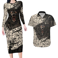 Fenrir Couples Matching Long Sleeve Bodycon Dress and Hawaiian Shirt with Norse Symbols and Howling Wolf Viking Mythology Tribute - Wonder Print Shop
