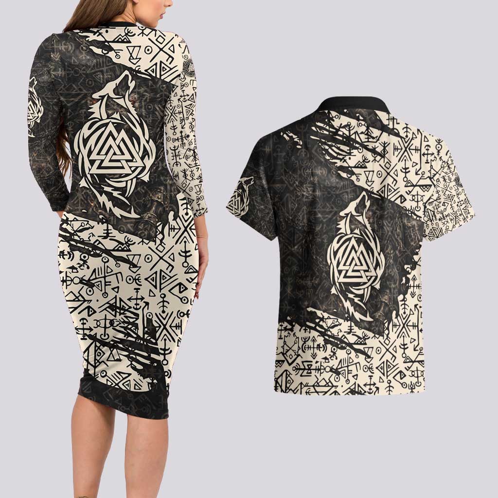 Fenrir Couples Matching Long Sleeve Bodycon Dress and Hawaiian Shirt with Norse Symbols and Howling Wolf Viking Mythology Tribute - Wonder Print Shop