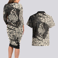 Fenrir Couples Matching Long Sleeve Bodycon Dress and Hawaiian Shirt with Norse Symbols and Howling Wolf Viking Mythology Tribute - Wonder Print Shop