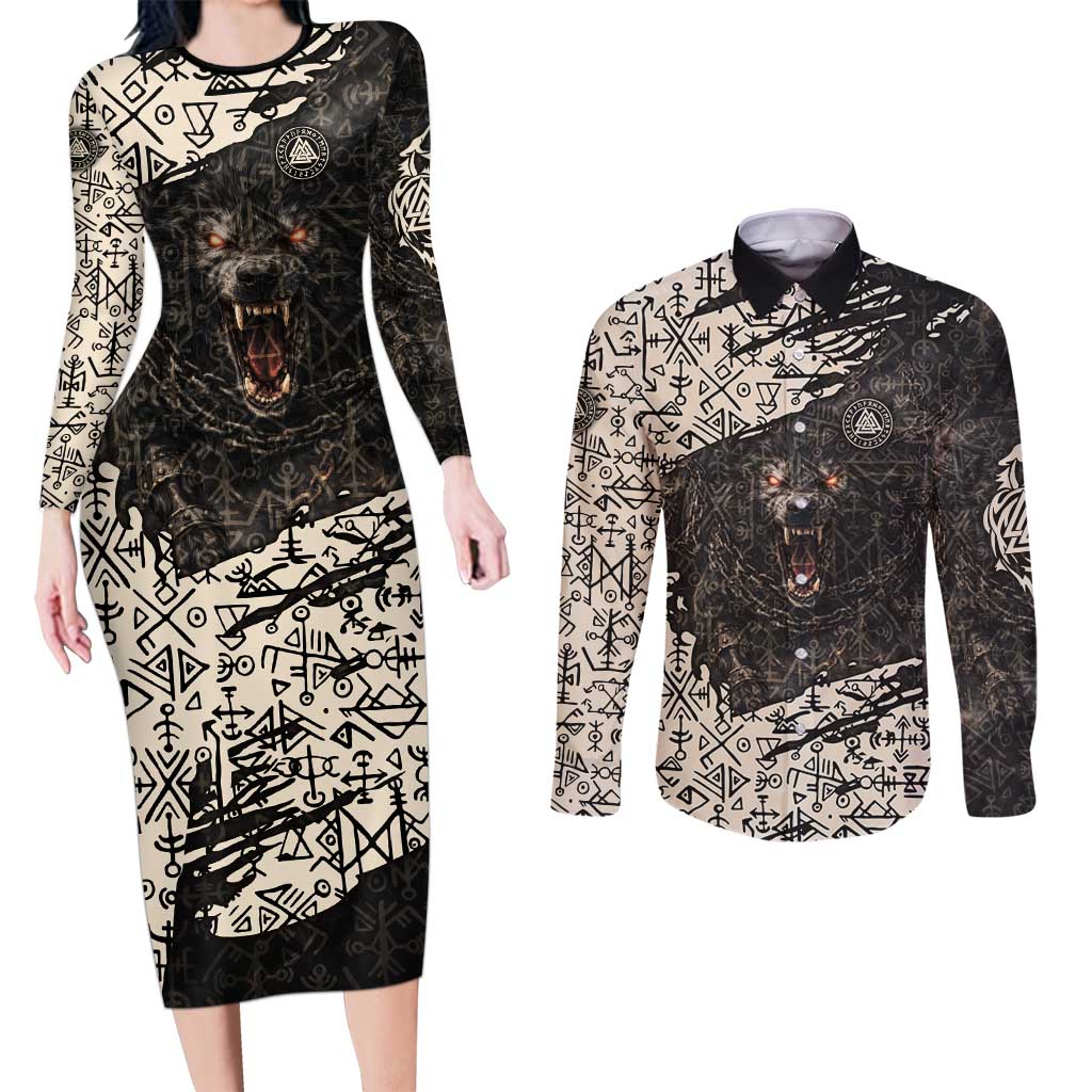 Fenrir Couples Matching Long Sleeve Bodycon Dress and Long Sleeve Button Shirt with Norse Symbols and Howling Wolf Viking Mythology Tribute - Wonder Print Shop
