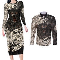 Fenrir Couples Matching Long Sleeve Bodycon Dress and Long Sleeve Button Shirt with Norse Symbols and Howling Wolf Viking Mythology Tribute - Wonder Print Shop