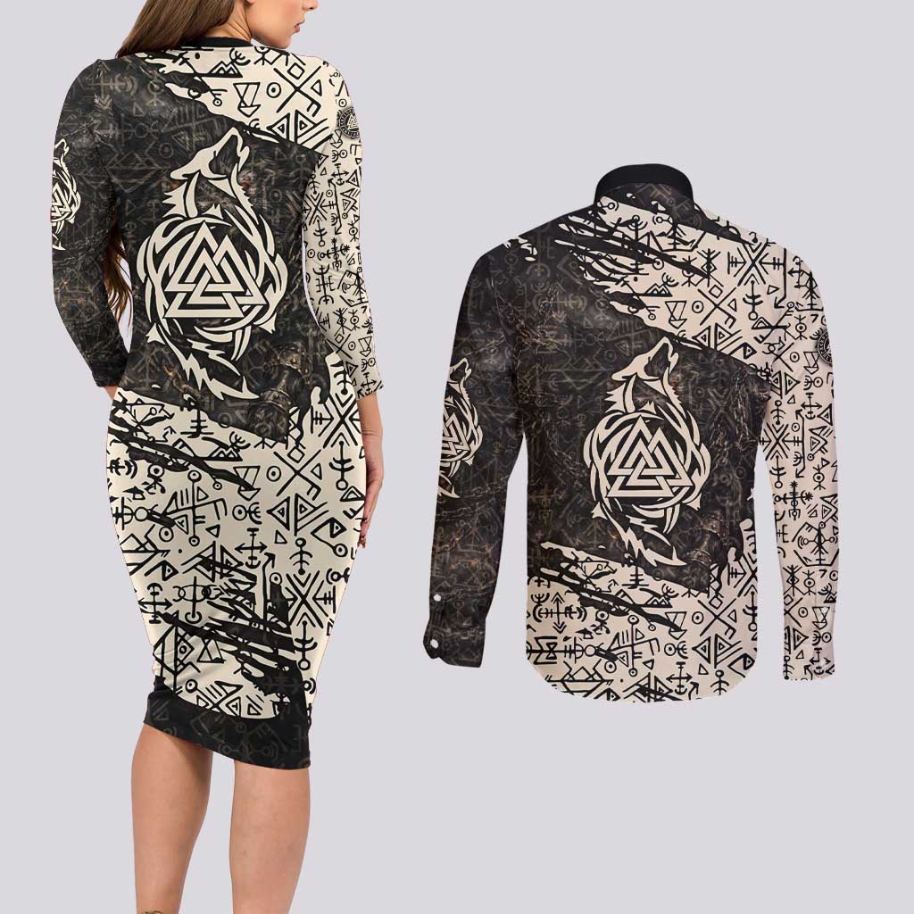 Fenrir Couples Matching Long Sleeve Bodycon Dress and Long Sleeve Button Shirt with Norse Symbols and Howling Wolf Viking Mythology Tribute - Wonder Print Shop