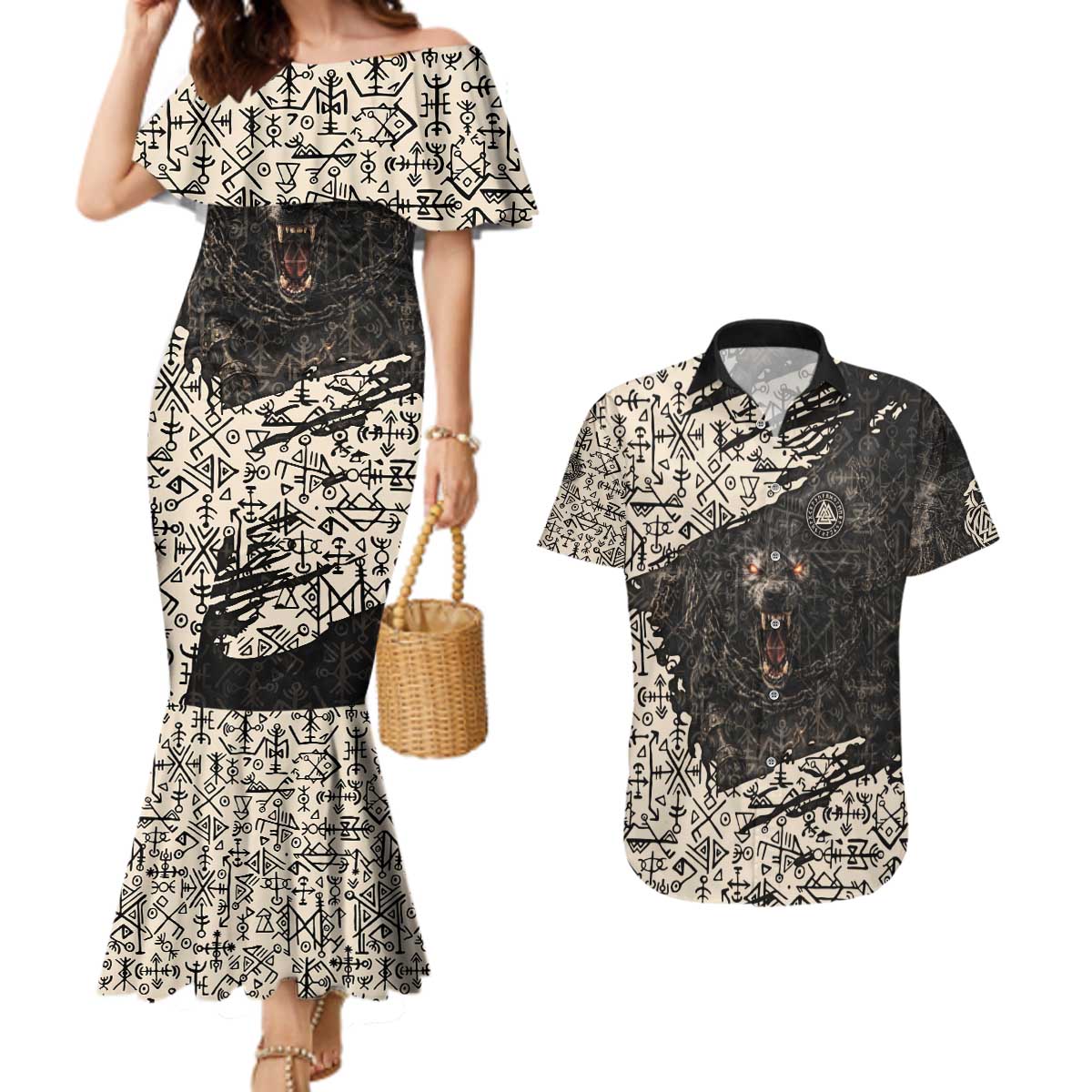 Fenrir Couples Matching Mermaid Dress and Hawaiian Shirt with Norse Symbols and Howling Wolf Viking Mythology Tribute - Wonder Print Shop