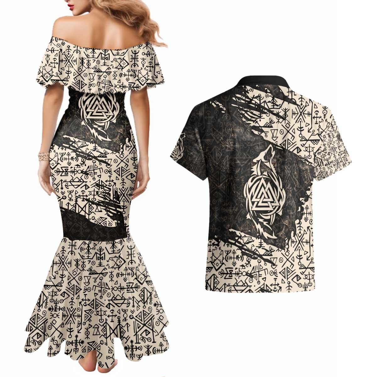 Fenrir Couples Matching Mermaid Dress and Hawaiian Shirt with Norse Symbols and Howling Wolf Viking Mythology Tribute - Wonder Print Shop