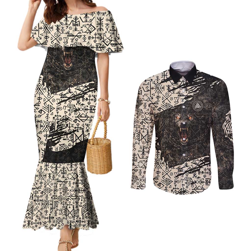 Fenrir Couples Matching Mermaid Dress and Long Sleeve Button Shirt with Norse Symbols and Howling Wolf Viking Mythology Tribute - Wonder Print Shop