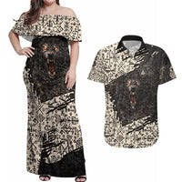 Fenrir Couples Matching Off Shoulder Maxi Dress and Hawaiian Shirt with Norse Symbols and Howling Wolf Viking Mythology Tribute - Wonder Print Shop